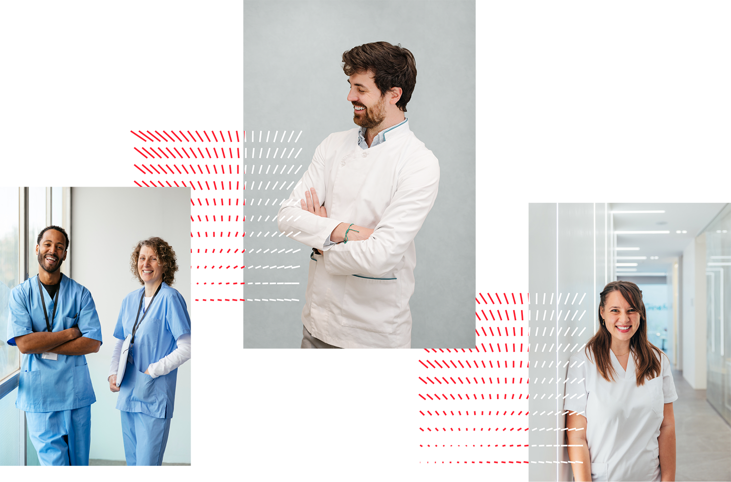 Workplace scene: woman smiling at table with red squares.